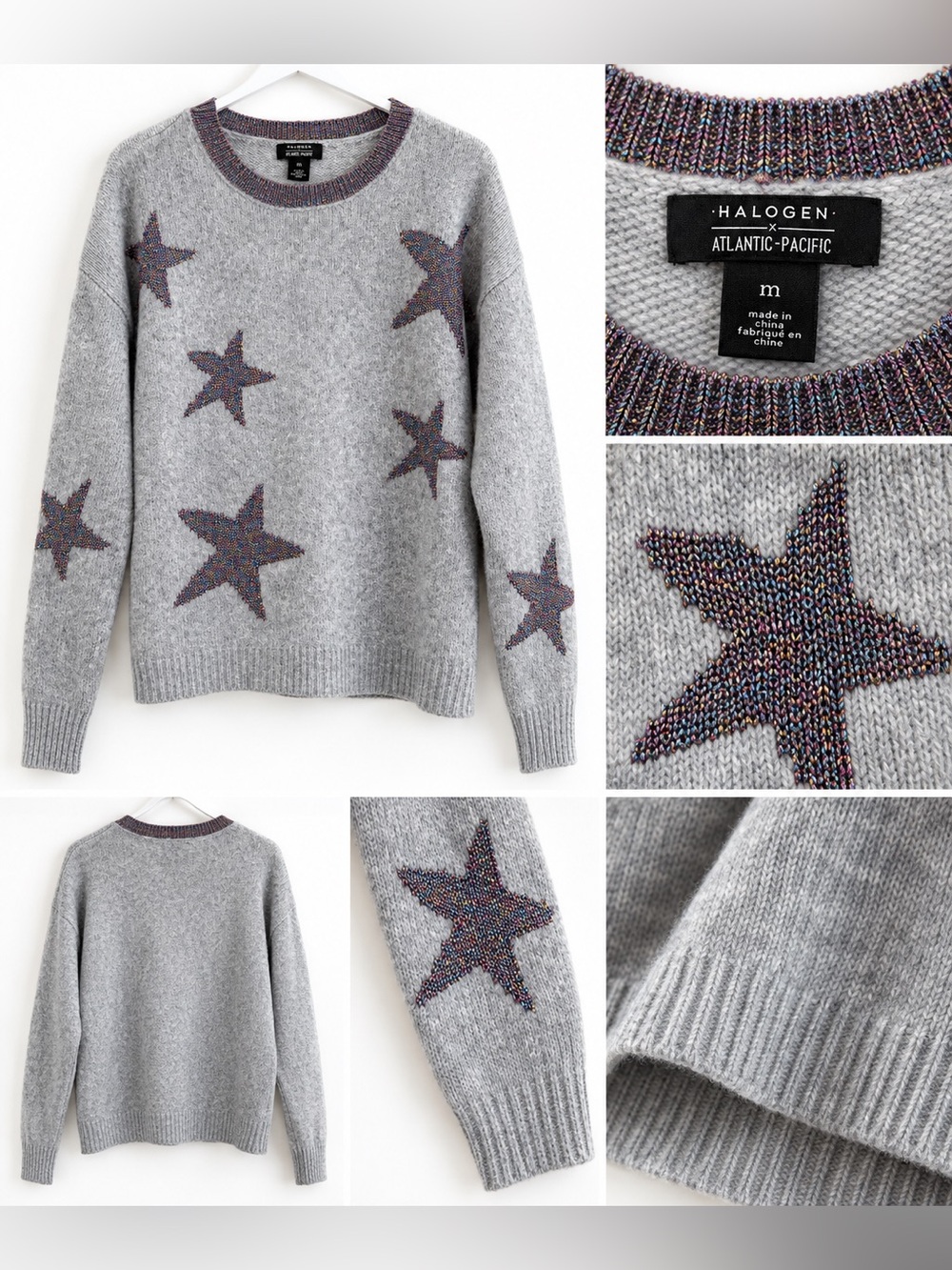 Halogen Gray Crewneck Sweater with Multicolor Star Detail